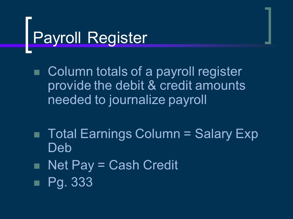 Payroll Register Column totals of a payroll register provide the debit & credit amounts needed to journalize payroll.