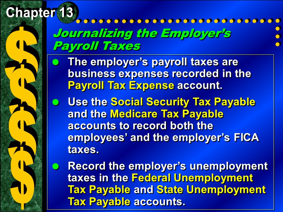 $ $ $ $ Journalizing the Employer’s Payroll Taxes Chapter 13