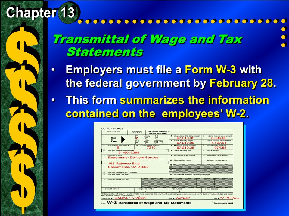 $ $ $ $ Transmittal of Wage and Tax Statements Chapter 13