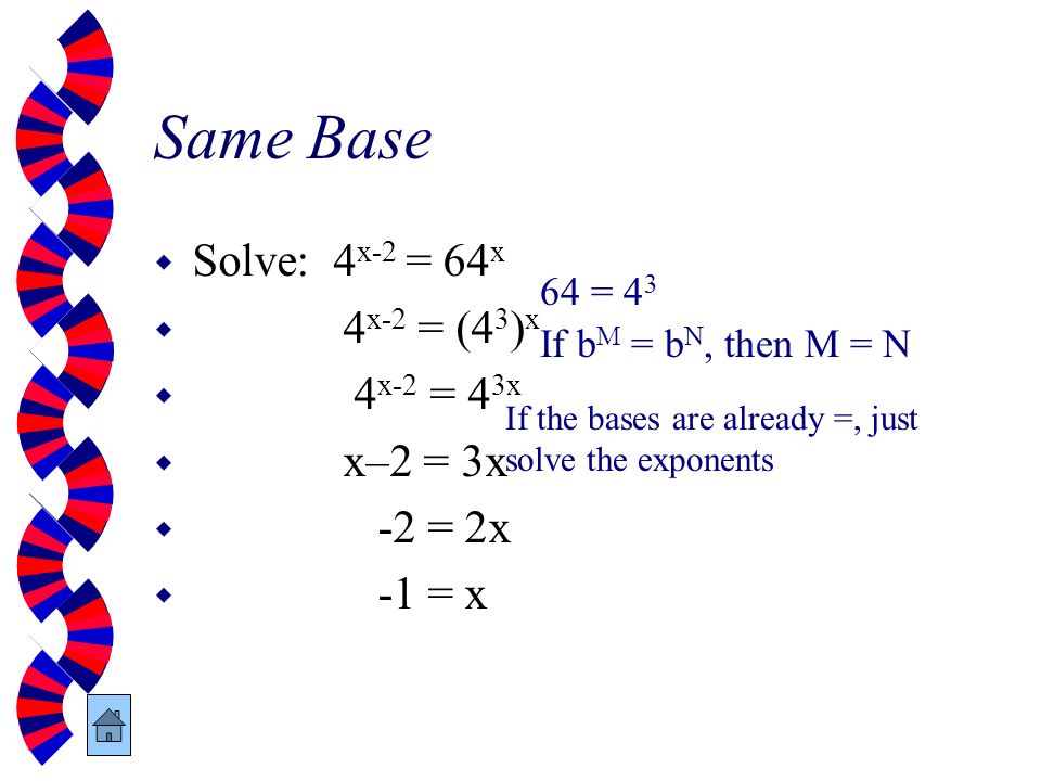 Same Base Solve: 4x-2 = 64x 4x-2 = (43)x 4x-2 = 43x x–2 = 3x -2 = 2x