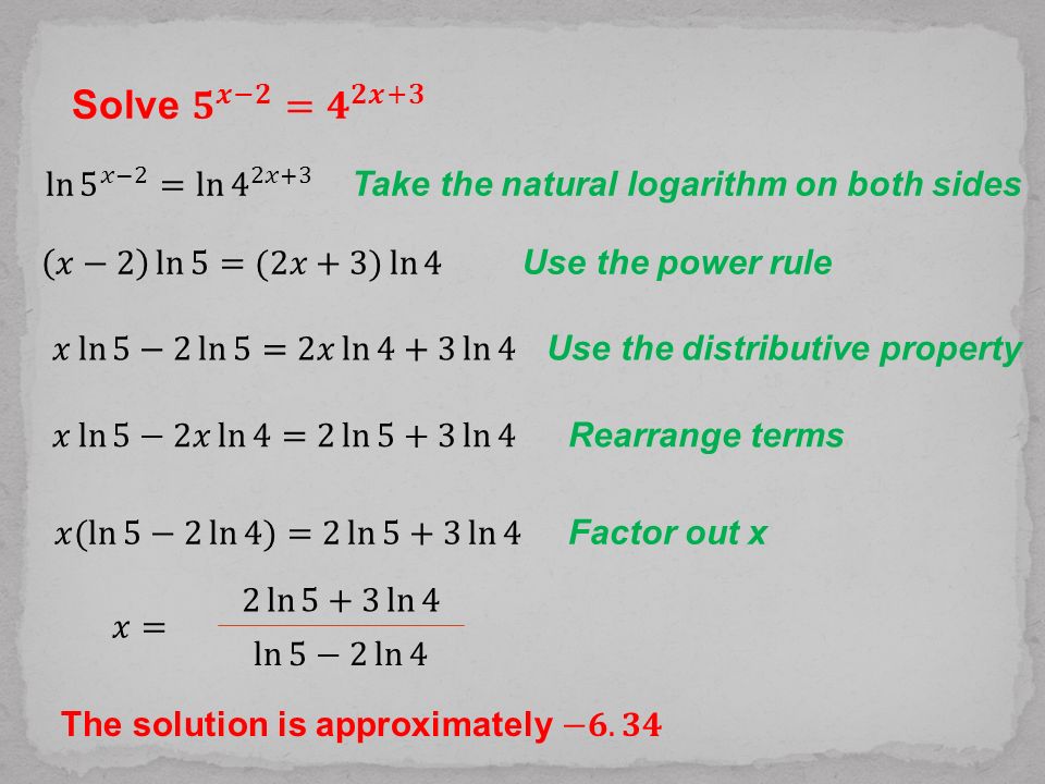 Solve 𝟓 𝒙−𝟐 = 𝟒 𝟐𝒙+𝟑 ln 5 𝑥−2 = ln 4 2𝑥+3. Take the natural logarithm on both sides. 𝑥−2 ln 5 =(2𝑥+3) ln 4.