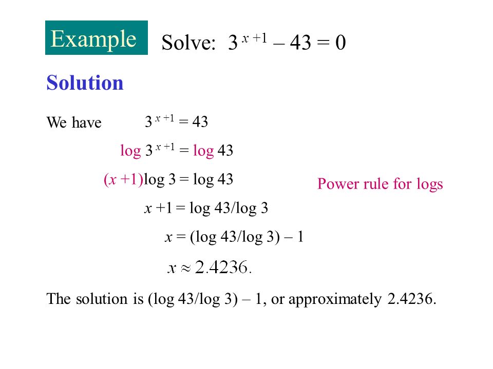 Example Solve: 3 x +1 – 43 = 0 Solution We have 3 x +1 = 43