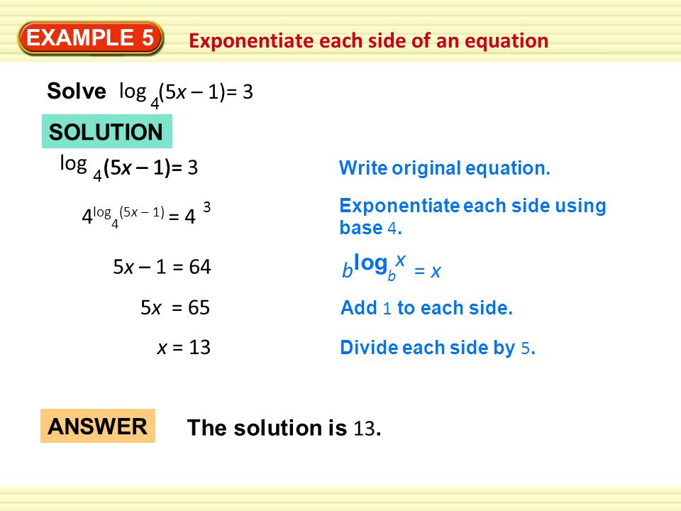 Exponentiate each side of an equation