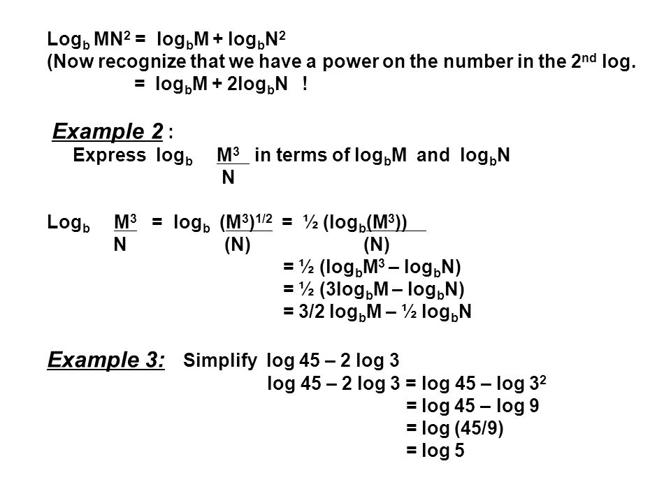 Example 3: Simplify log 45 – 2 log 3