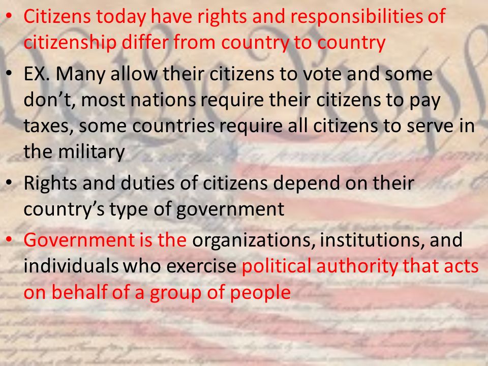 Citizens today have rights and responsibilities of citizenship differ from country to country