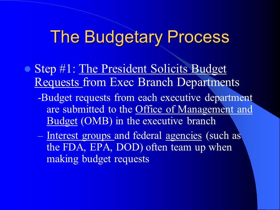 The Budgetary Process Step #1: The President Solicits Budget Requests from Exec Branch Departments.