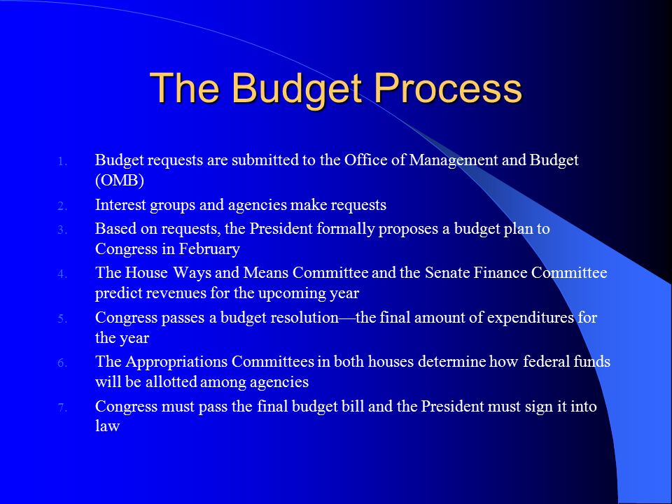 The Budget Process Budget requests are submitted to the Office of Management and Budget (OMB) Interest groups and agencies make requests.
