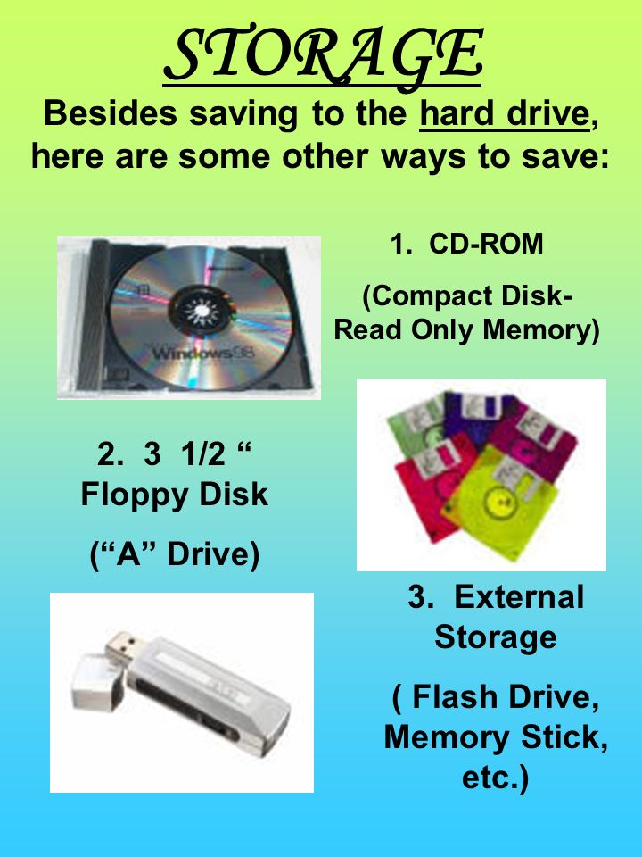 STORAGE Besides saving to the hard drive, here are some other ways to save: 1. CD-ROM. (Compact Disk- Read Only Memory)