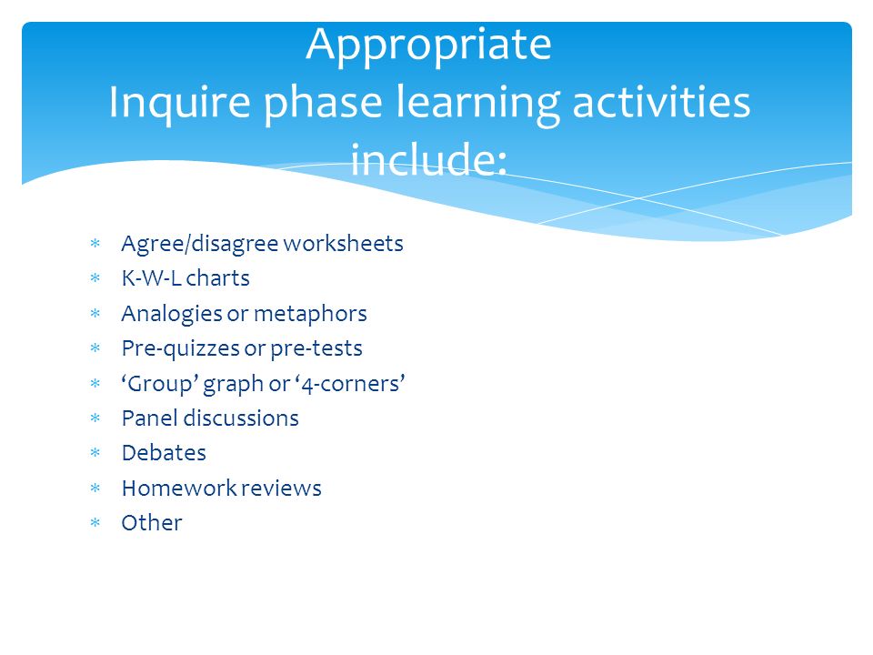 Appropriate Inquire phase learning activities include: