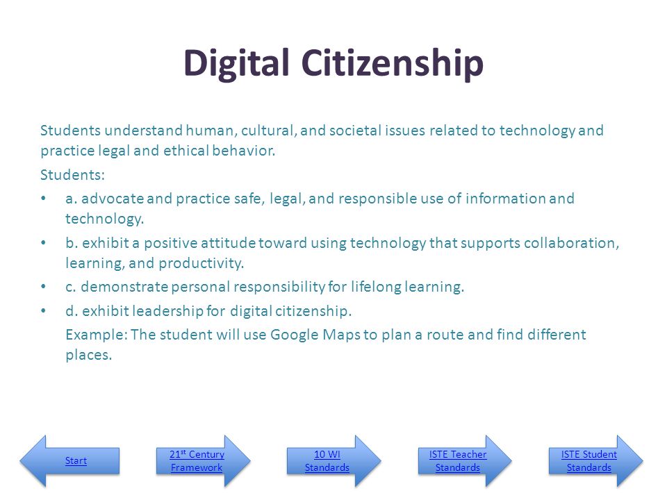 Digital Citizenship Students understand human, cultural, and societal issues related to technology and practice legal and ethical behavior.