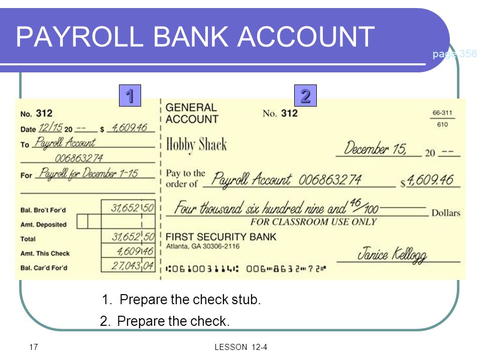 PAYROLL BANK ACCOUNT Prepare the check stub.