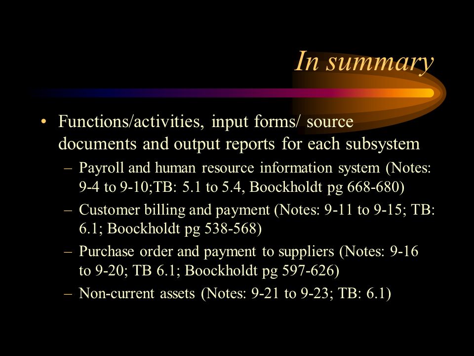 In summary Functions/activities, input forms/ source documents and output reports for each subsystem.