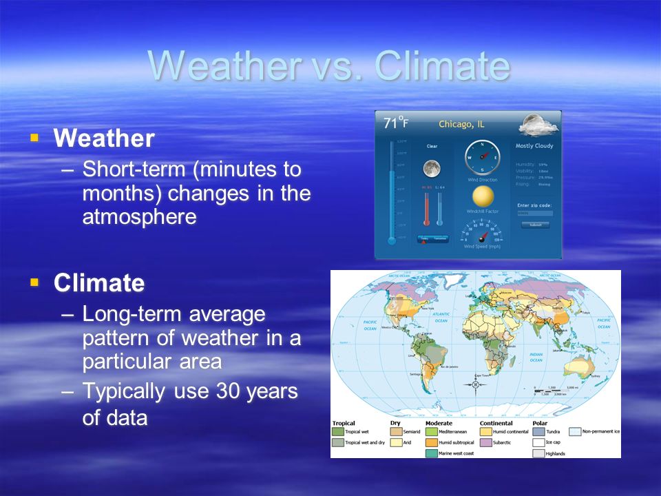 Weather vs. Climate Weather Climate