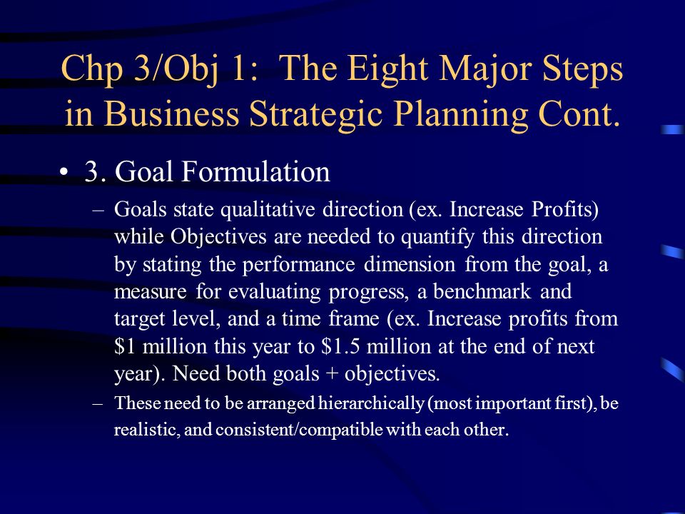 Chp 3/Obj 1: The Eight Major Steps in Business Strategic Planning Cont.