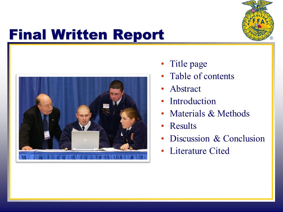 Final Written Report Title page Table of contents Abstract