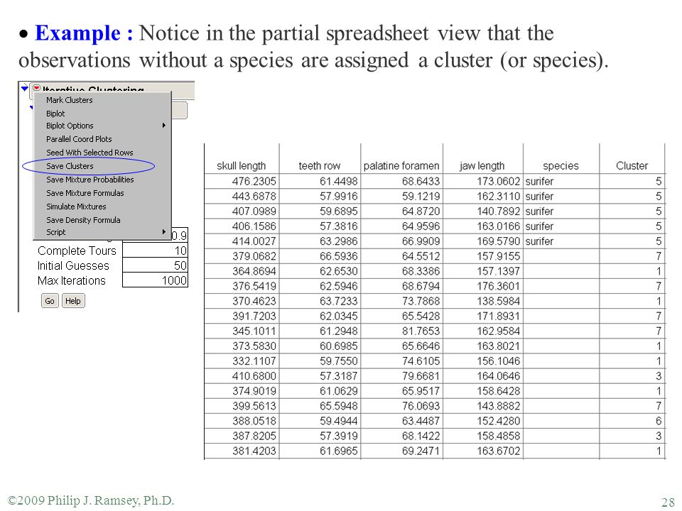 Example : Notice in the partial spreadsheet view that the observations without a species are assigned a cluster (or species).