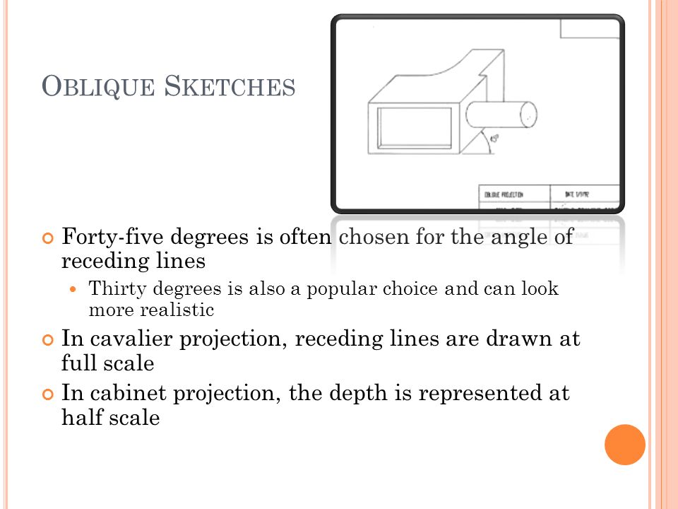 Oblique Sketches Forty-five degrees is often chosen for the angle of receding lines.
