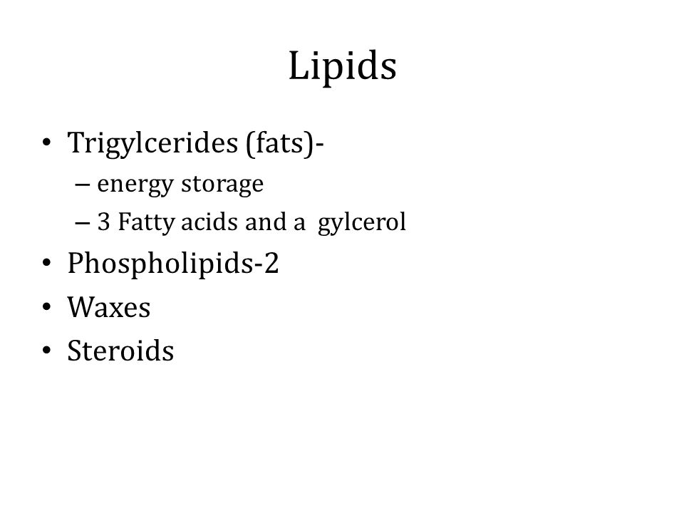 Lipids Trigylcerides (fats)- Phospholipids-2 Waxes Steroids