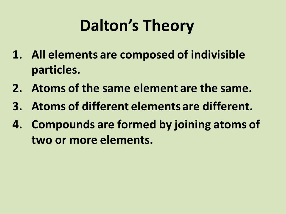 Dalton’s Theory All elements are composed of indivisible particles.