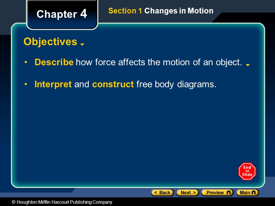 Chapter 4 Section 1 Changes in Motion. Objectives. Describe how force affects the motion of an object.