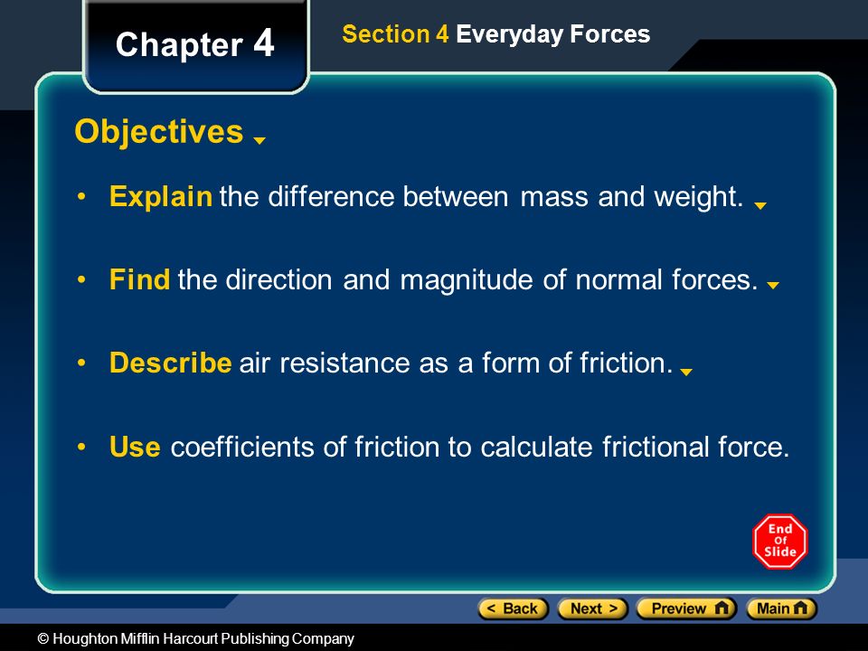 Chapter 4 Objectives Explain the difference between mass and weight.