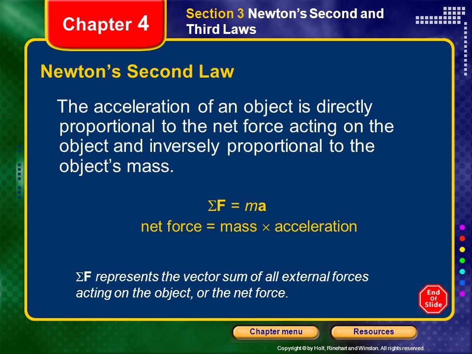 net force = mass  acceleration