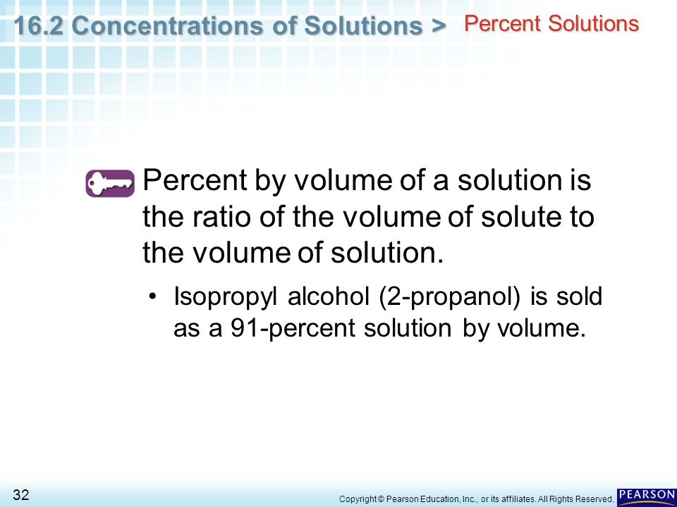 Percent Solutions Percent by volume of a solution is the ratio of the volume of solute to the volume of solution.