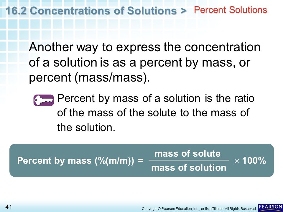 Percent Solutions Another way to express the concentration of a solution is as a percent by mass, or percent (mass/mass).