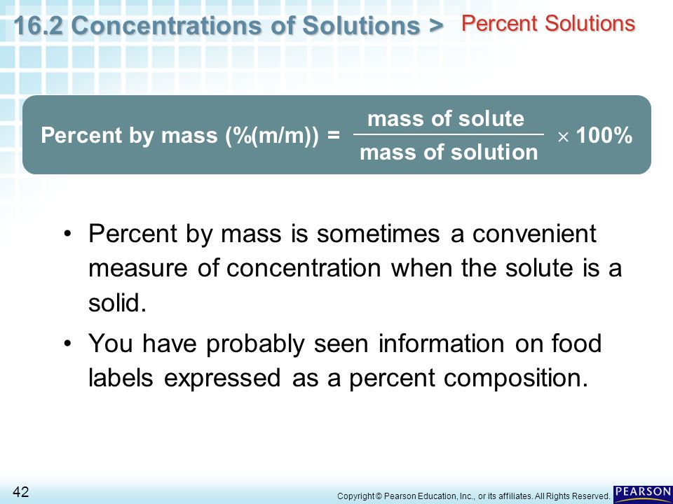 Percent Solutions Percent by mass (%(m/m)) =  100% mass of solution.