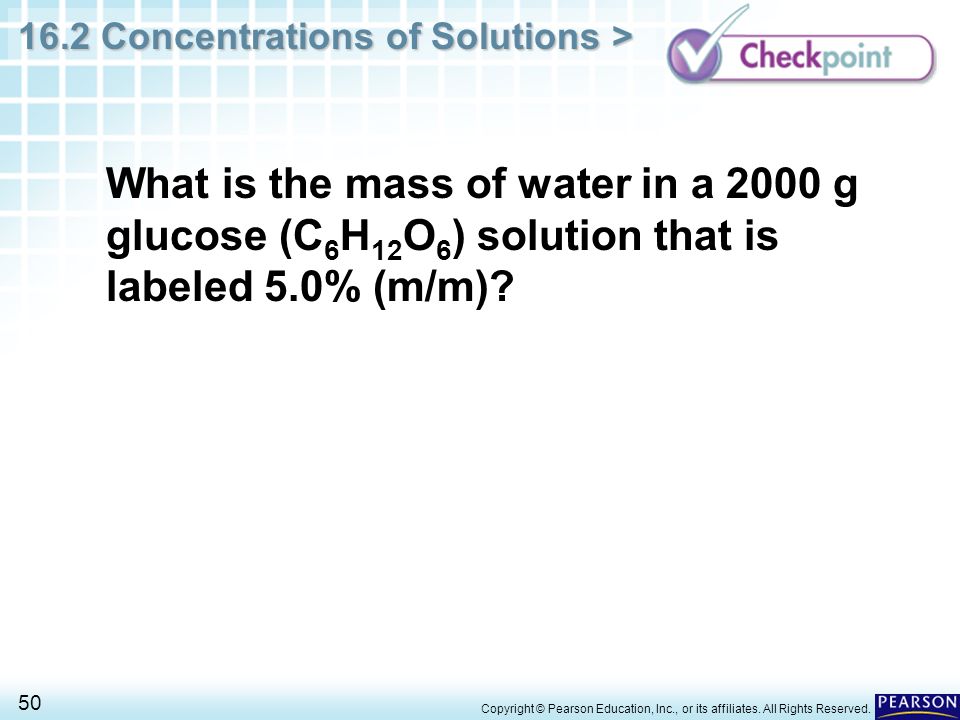 What is the mass of water in a 2000 g glucose (C6H12O6) solution that is labeled 5.0% (m/m)