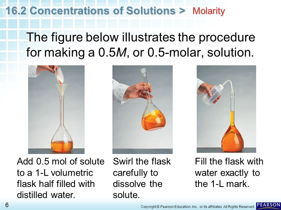 Molarity The figure below illustrates the procedure for making a 0.5M, or 0.5-molar, solution.