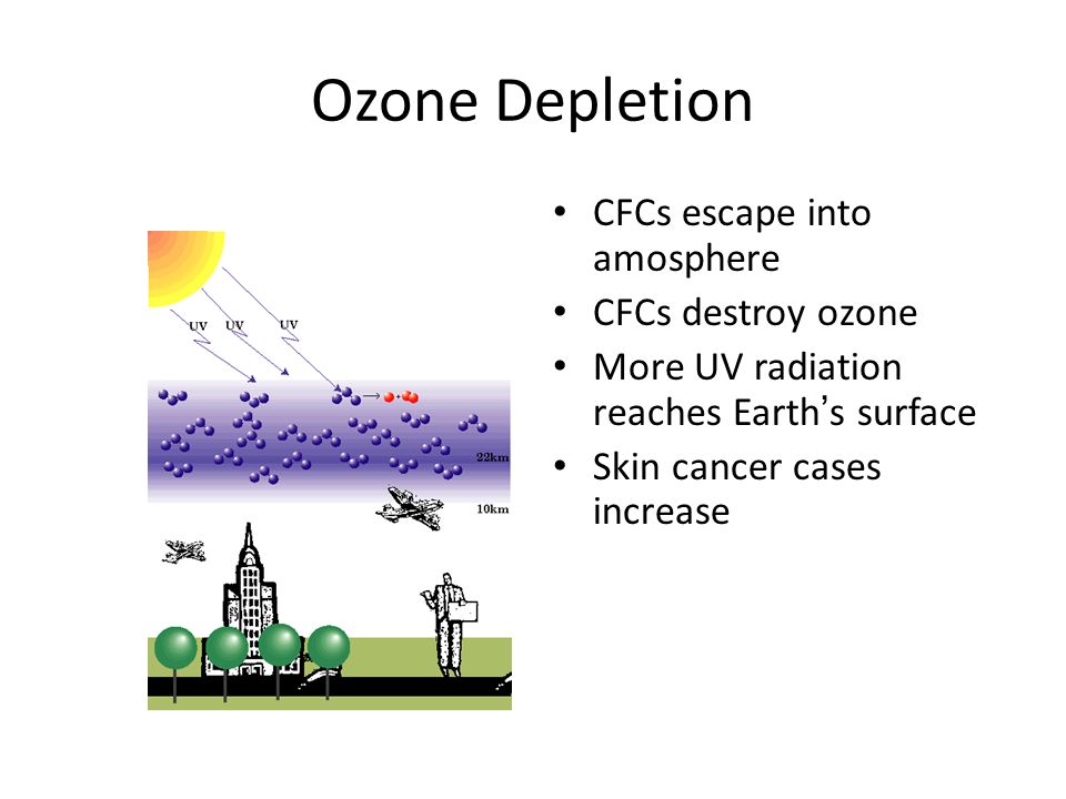 Ozone Depletion CFCs escape into amosphere CFCs destroy ozone