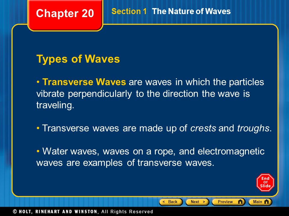 Chapter 20 Section 1 The Nature of Waves. Types of Waves.