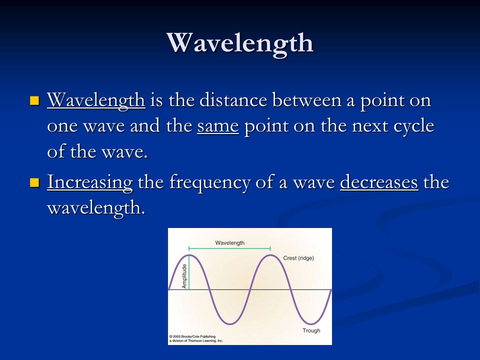 Wavelength Wavelength is the distance between a point on one wave and the same point on the next cycle of the wave.