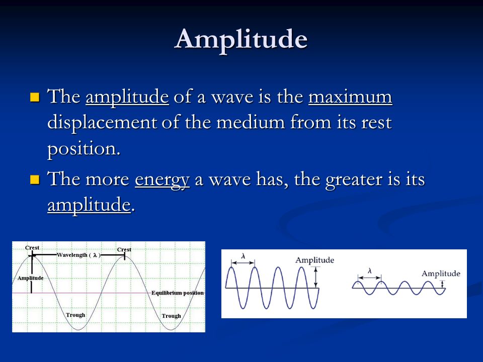 Amplitude The amplitude of a wave is the maximum displacement of the medium from its rest position.
