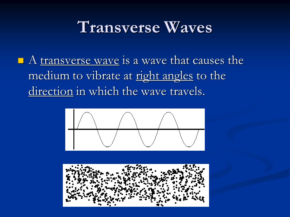 Transverse Waves A transverse wave is a wave that causes the medium to vibrate at right angles to the direction in which the wave travels.