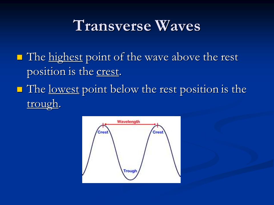 Transverse Waves The highest point of the wave above the rest position is the crest.