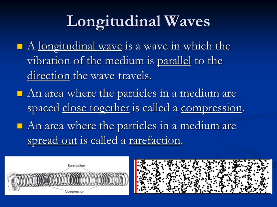 Longitudinal Waves A longitudinal wave is a wave in which the vibration of the medium is parallel to the direction the wave travels.