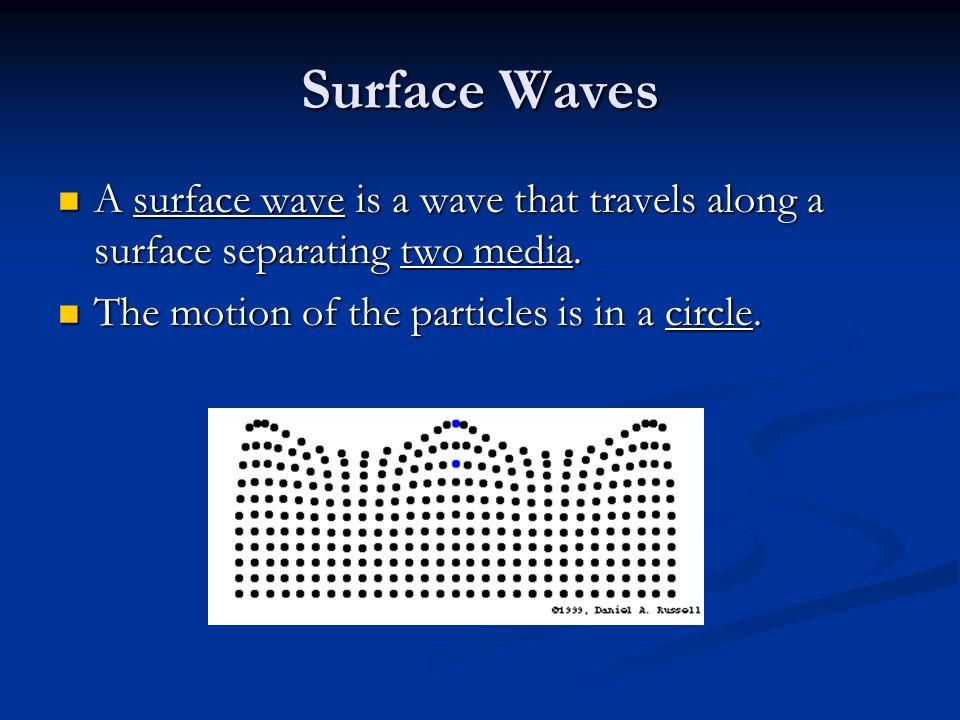 Surface Waves A surface wave is a wave that travels along a surface separating two media.