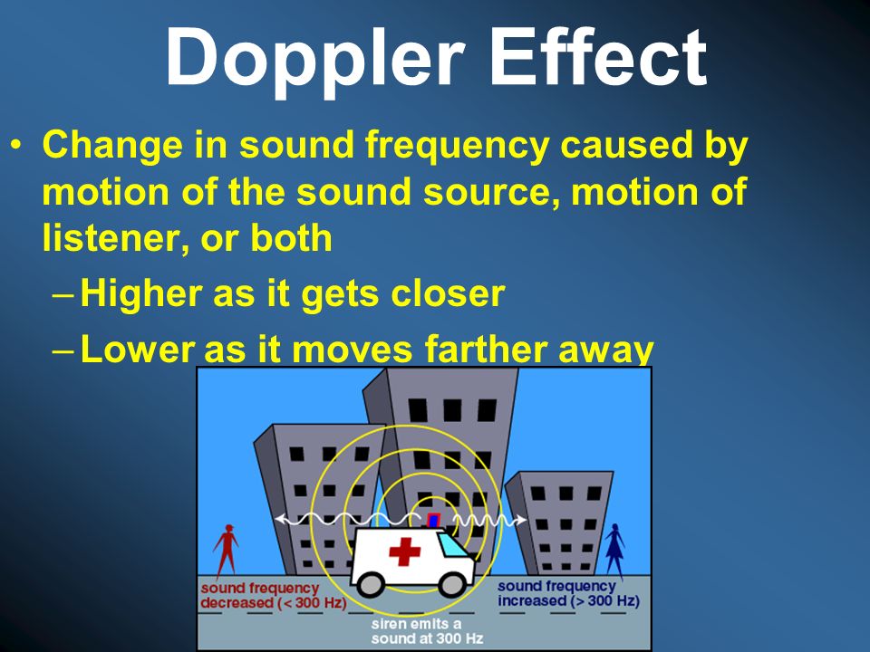 Doppler Effect Change in sound frequency caused by motion of the sound source, motion of listener, or both.
