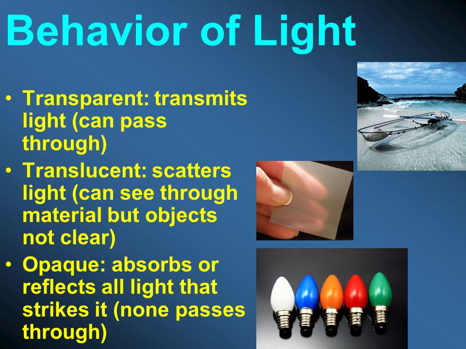 Behavior of Light Transparent: transmits light (can pass through)