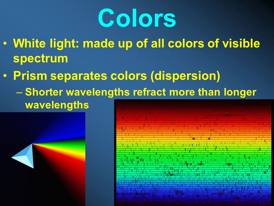 Colors White light: made up of all colors of visible spectrum