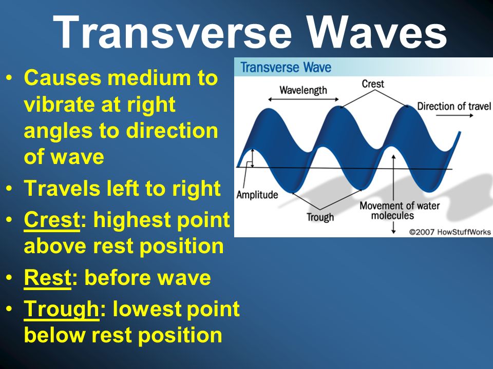 Transverse Waves Causes medium to vibrate at right angles to direction of wave. Travels left to right.
