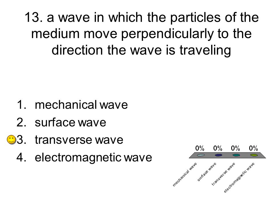 13. a wave in which the particles of the medium move perpendicularly to the direction the wave is traveling