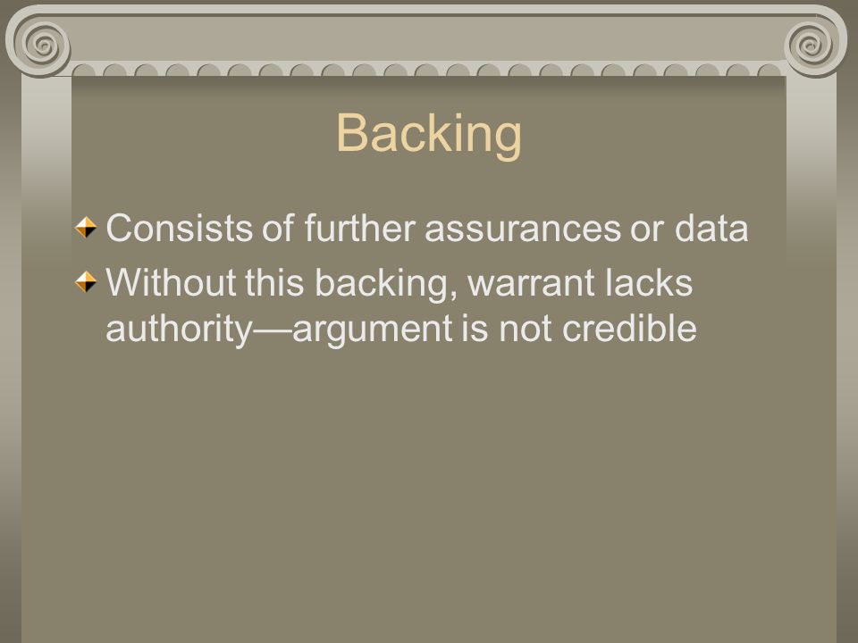 Backing Consists of further assurances or data