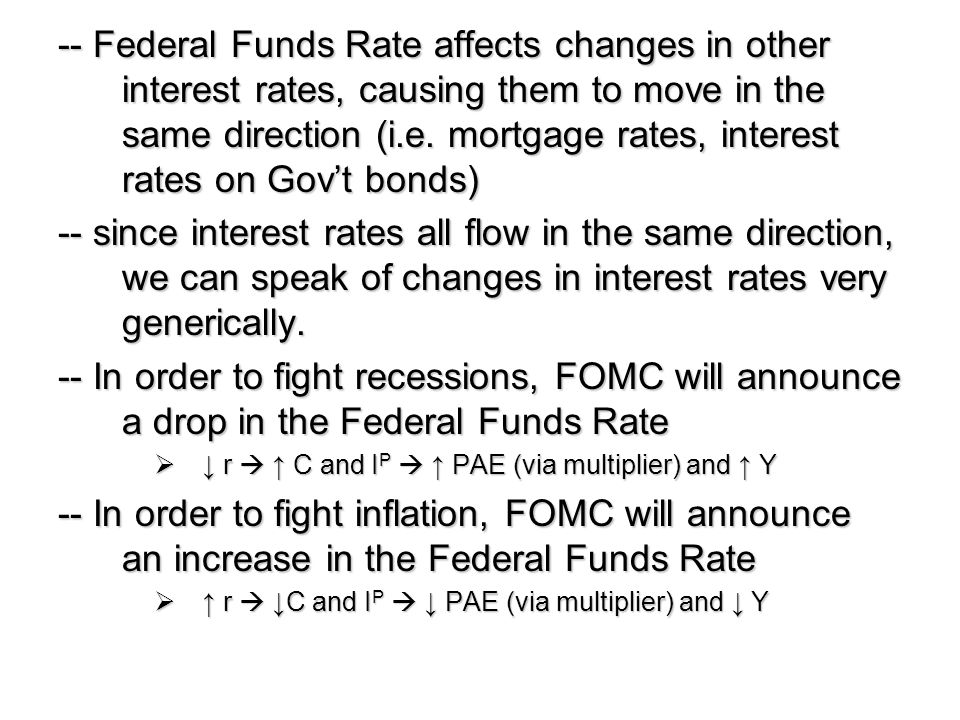 -- Federal Funds Rate affects changes in other interest rates, causing them to move in the same direction (i.e. mortgage rates, interest rates on Gov’t bonds)