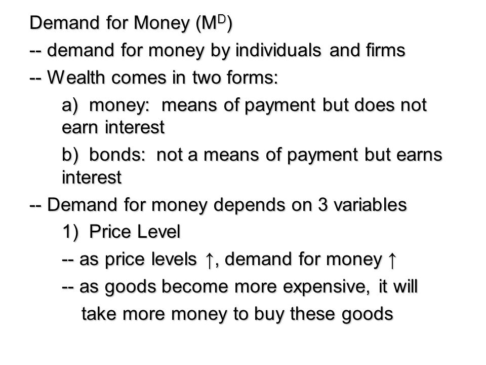 Demand for Money (MD) -- demand for money by individuals and firms. -- Wealth comes in two forms: