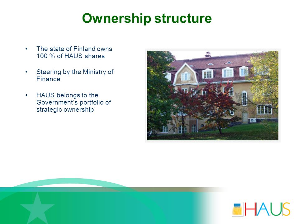Ownership structure The state of Finland owns 100 % of HAUS shares