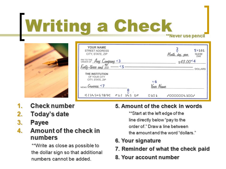 Writing a Check Check number Today’s date Payee