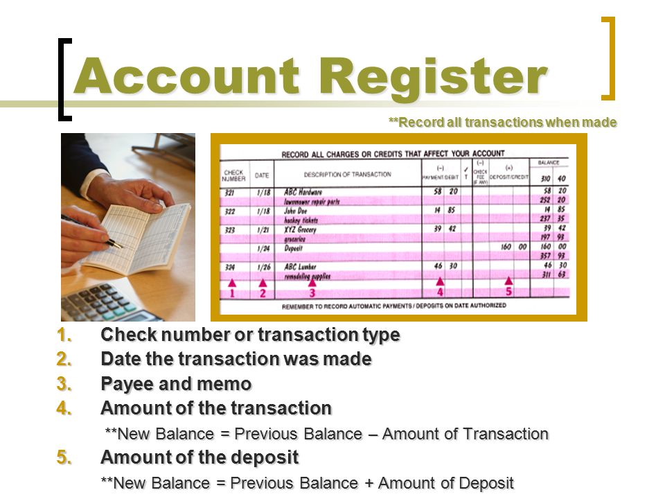 Account Register Check number or transaction type
